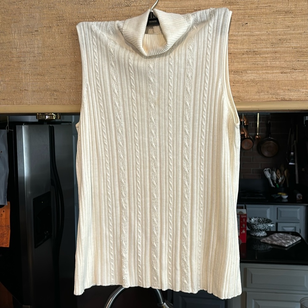 Requirements lightweight sleeveless high neck sweater iridescent accents front